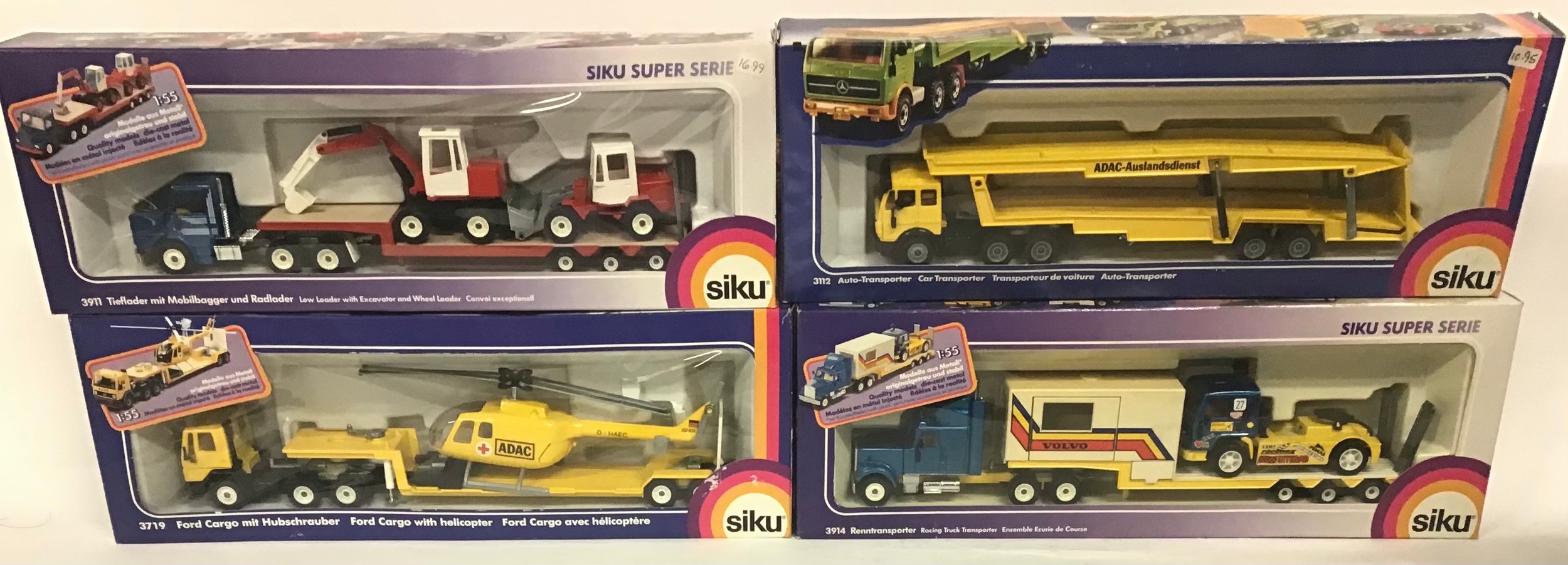 Siku boxed group to include 3914 Racing Truck Transporter, 3911 Low Loader with Excavator and