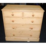 Victorian 2 over 3 graduated chest of pine drawers standing on a separate pine plinth. O/all hight