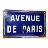 Vintage enamel sign 'Avenue De Paris' 39cms x 25cms. Showing usual signs of wear