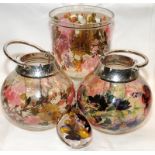 Three decorative glass containers with painted floral decoration, the two globes having chromed