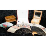 A selection of jewellery boxes and decorative fans, lot includes a small collection of fashion rings