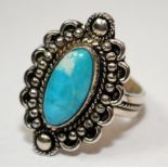 Large turquoise 925 silver adjustable ring.