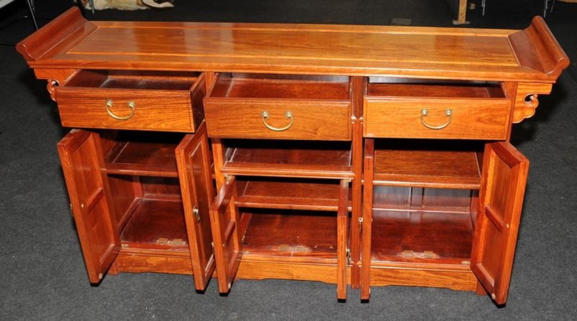Chinese style hall table with three drawers over cupboards. 148cms wide x 81cms tall x 35cms deep - Image 3 of 4