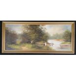 Les Parson: Gilt framed oil on canvas painting “Grange” signed to bottom left 81x35cm.