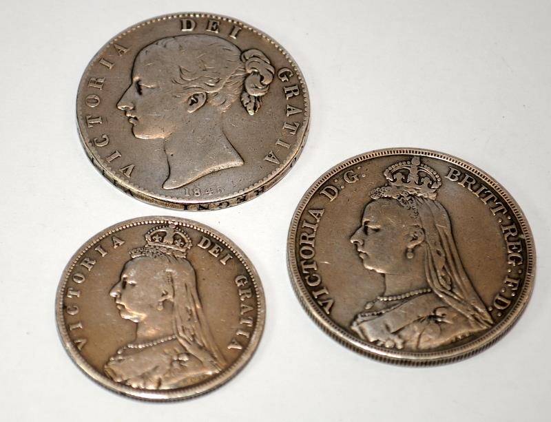 3 x silver Victorian coins 2 crowns 1892/1845 1/2 crown 1887