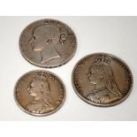 3 x silver Victorian coins 2 crowns 1892/1845 1/2 crown 1887