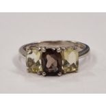 A three stone smoky quartz 925 silver ring Size R 1/2. (D9)