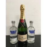 A 750ml bottle of Moët together with two 350ml bottles of absolut vodka. (2,1)