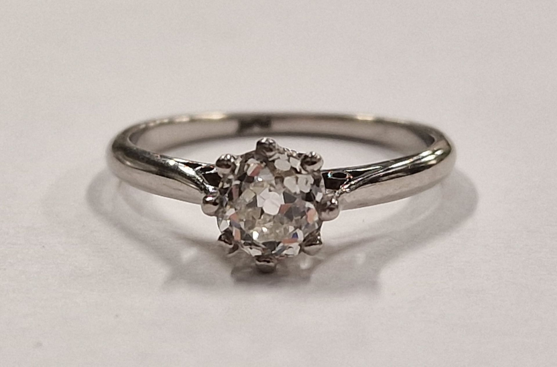 Diamond round brilliant solitaire 0.53ct, colour G platinum ring with certificate Size M+