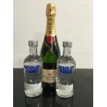 750ml bottle of Moët and Chandon together with two 350ml bottles of Absolut Vodka (1,2)