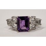 Emerald cut amethyst with topaz white gold on 925 silver ring size J 1/2 (TR16).
