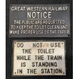 Two reproduction contemporary cast metal railway related signs the largest measuring 29x16cm.