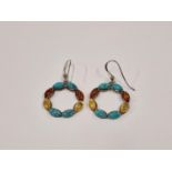 Turquoise/Amber 925 silver hoop earrings.