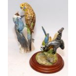 Pair of Goebel budgerigars c/w a Border Fine Arts blue tit on tap.Budgies approx 16.5cms tall