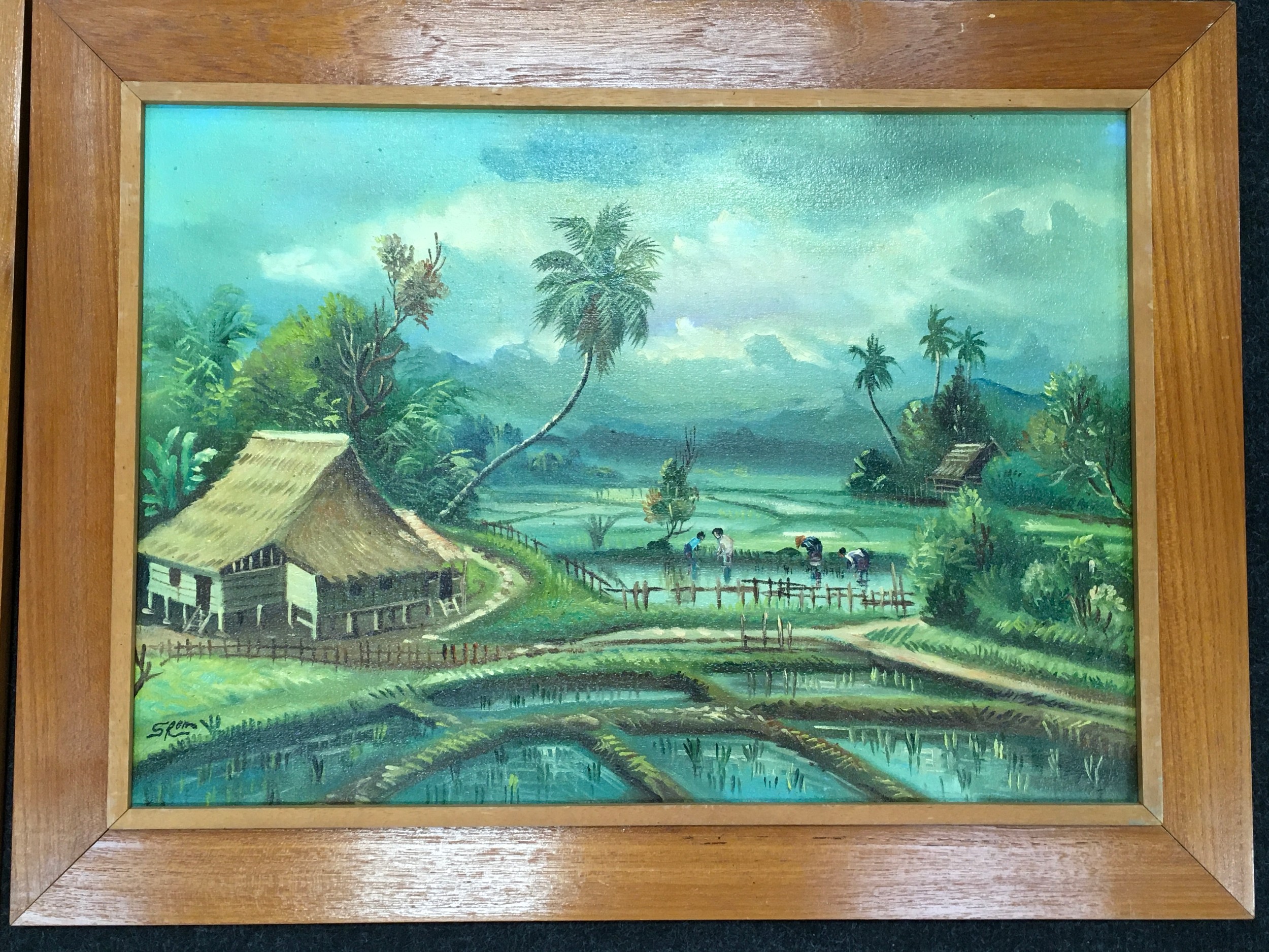 Two mid 20th century Singapore oil on canvas paintings in teak wood frames signed S. Rowe. Each - Image 3 of 5