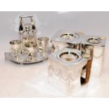 Unusual silver plated three piece tea, coffee and hot water set in square form with wicker handles