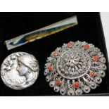 Collection of three antique brooches including an Art Nouveau Armand Bargas pin, a filigree shield