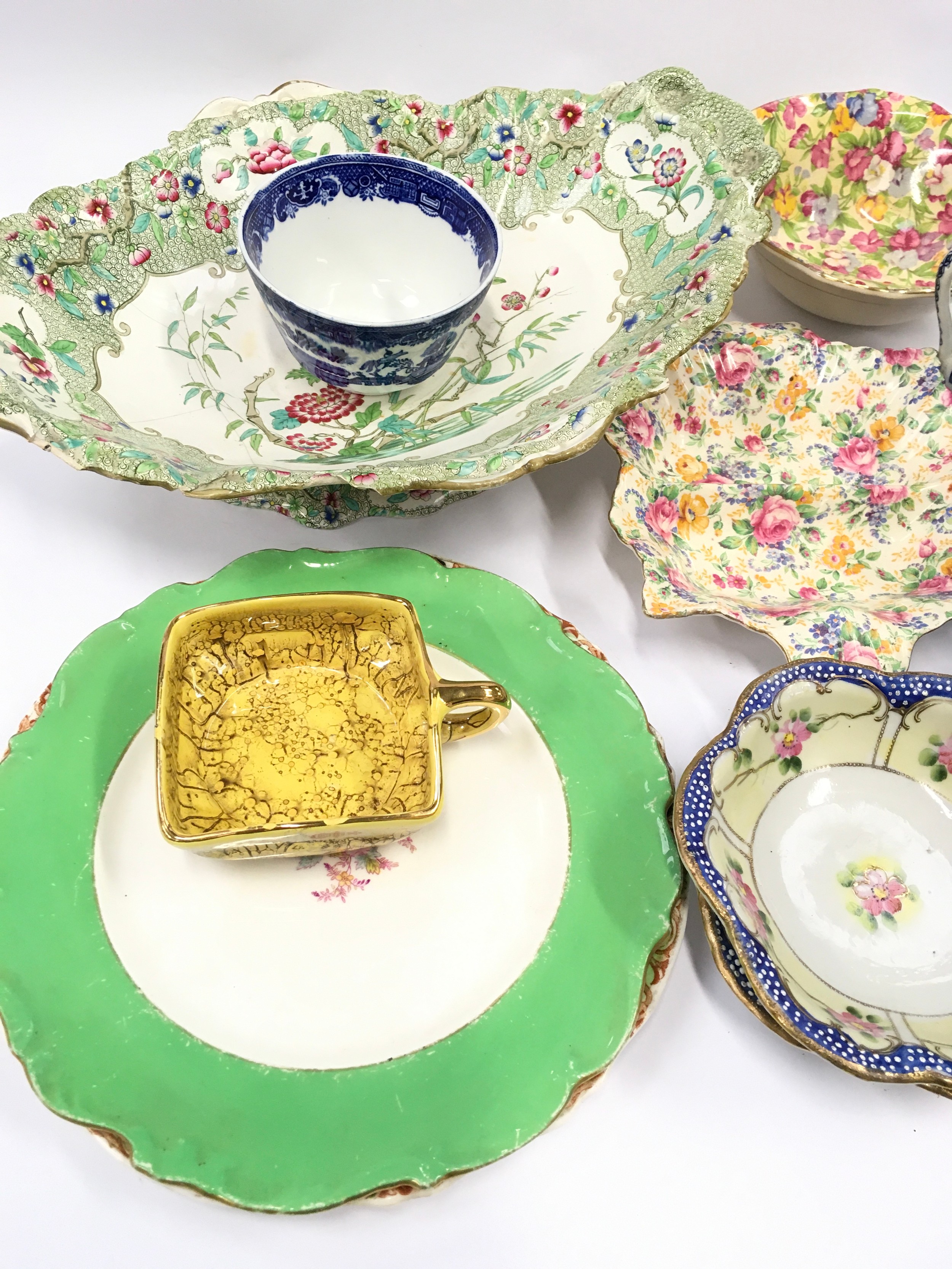 Antique "Indian Curl" ceramic bowl with staple repair together with two plates and a collection of - Image 2 of 3