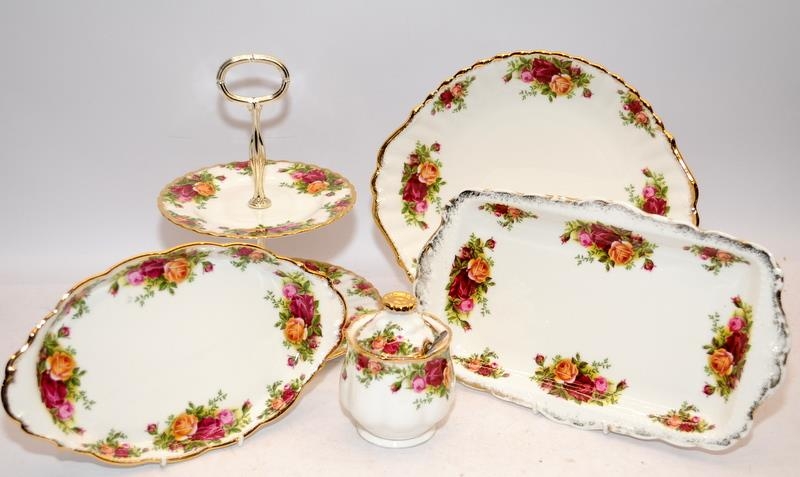 Royal Albert Old Country Roses serving suite comprising two tier cake plate, lidded jam pot, 30cms