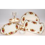 Royal Albert Old Country Roses serving suite comprising two tier cake plate, lidded jam pot, 30cms