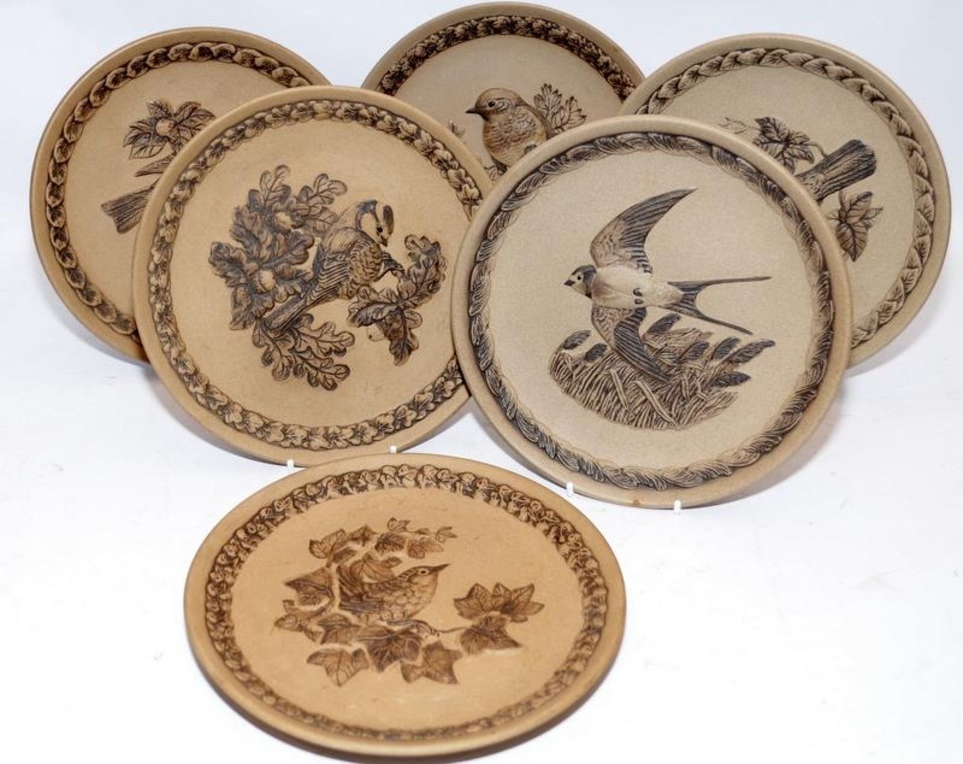 A collection of Poole Pottery stoneware cabinet plates featuring British garden birds, eash plate