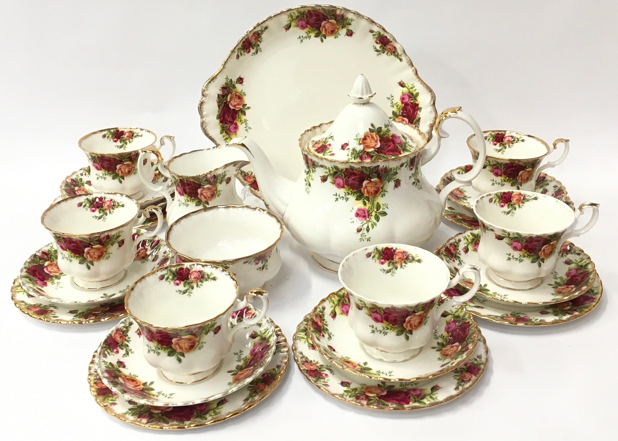 Royal Albert "Country Rose" Tea set complete with Tea pot milk jug and sugar bowl together 6 tea