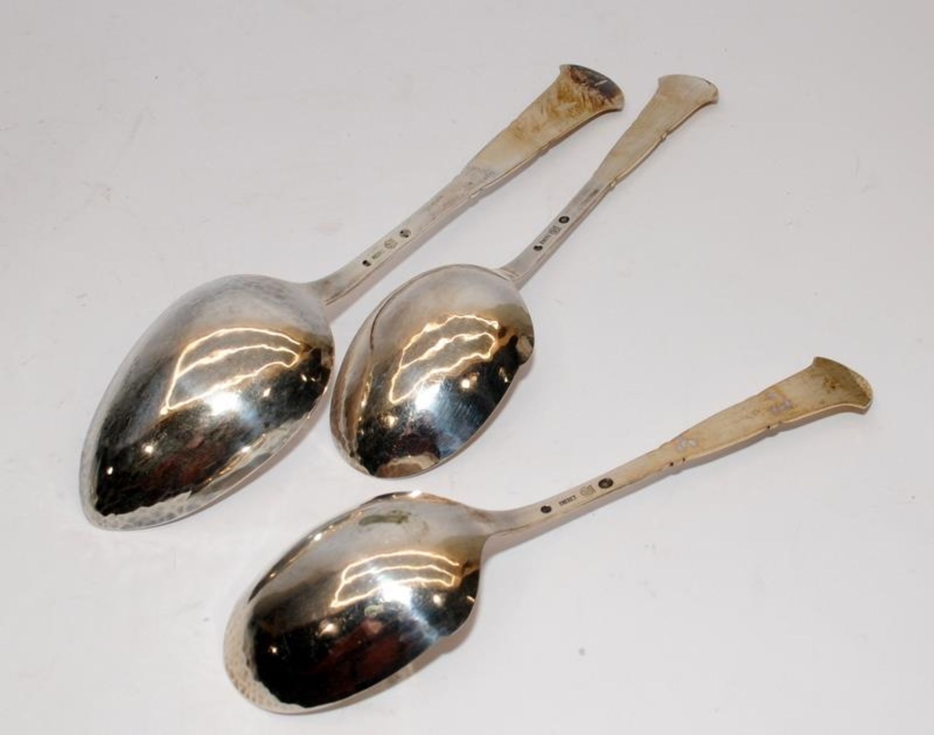 Antique .830 Danish silver: Copenhagen three towers assay mark set of three large serving spoons - Image 2 of 3