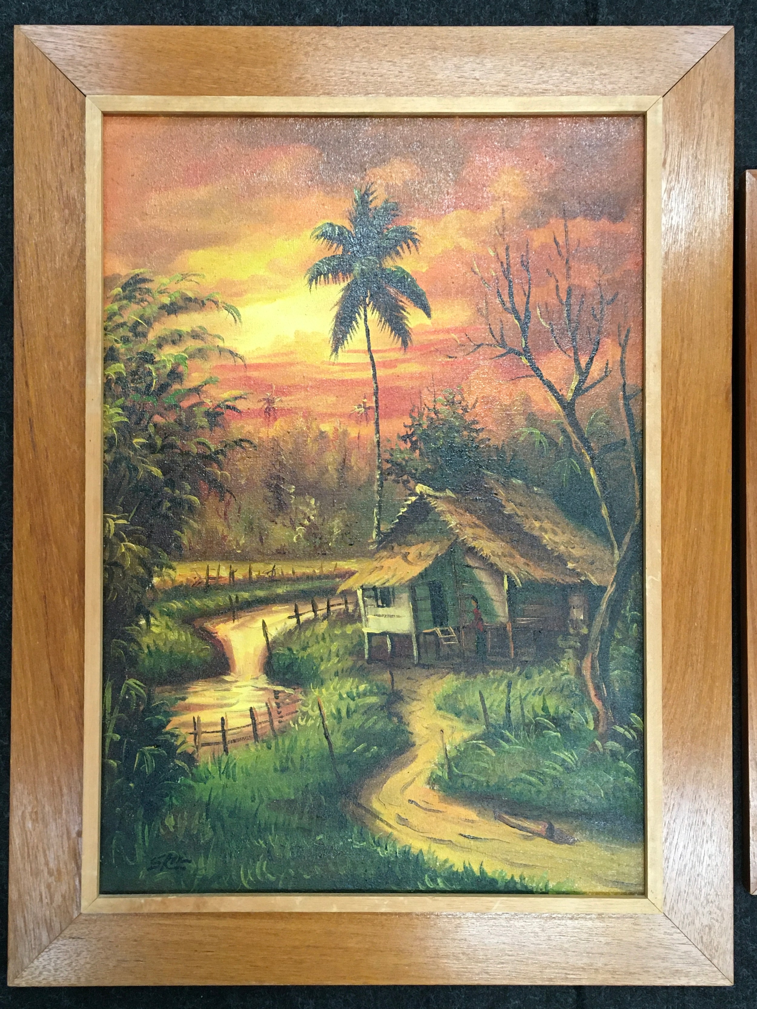 Two mid 20th century Singapore oil on canvas paintings in teak wood frames signed S. Rowe. Each - Image 2 of 5