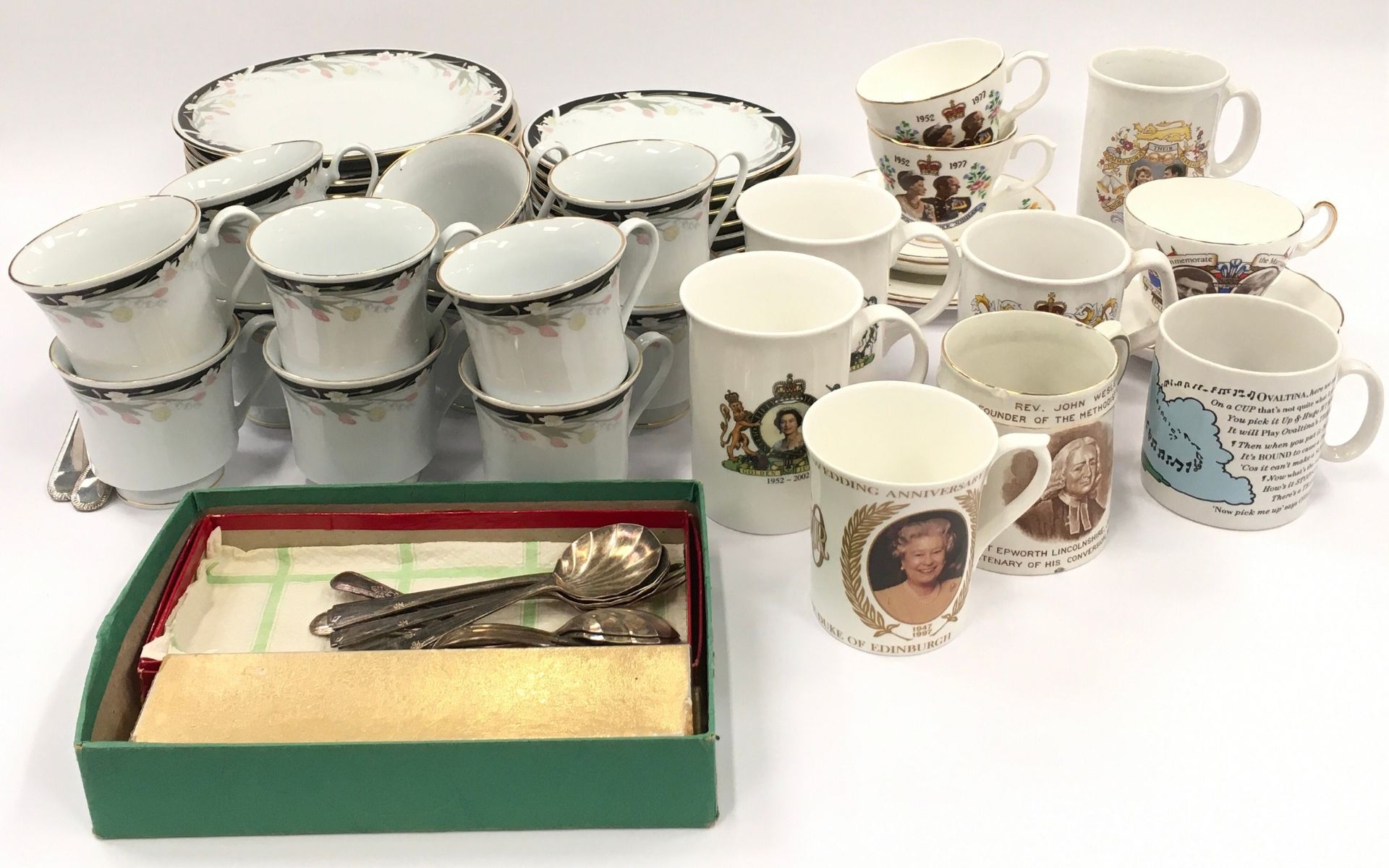 Crown Ming part tea set together with a collection of commemorative china cups and some silver