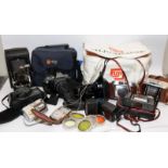 Collection of vintage cameras to include Pentax P30 and Zoom 105, a Kodak fold out camera and an