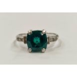 Emerald approx 1.5ct with diamond shoulders platinum ring boxed Size L