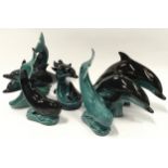 Poole Pottery collection of blue glazed animals to include dolphins and whales. Total six in lot.
