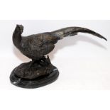 Large bronze pheasant on a marble base. Signed Julie Moisniez. O/all length approx 40cms