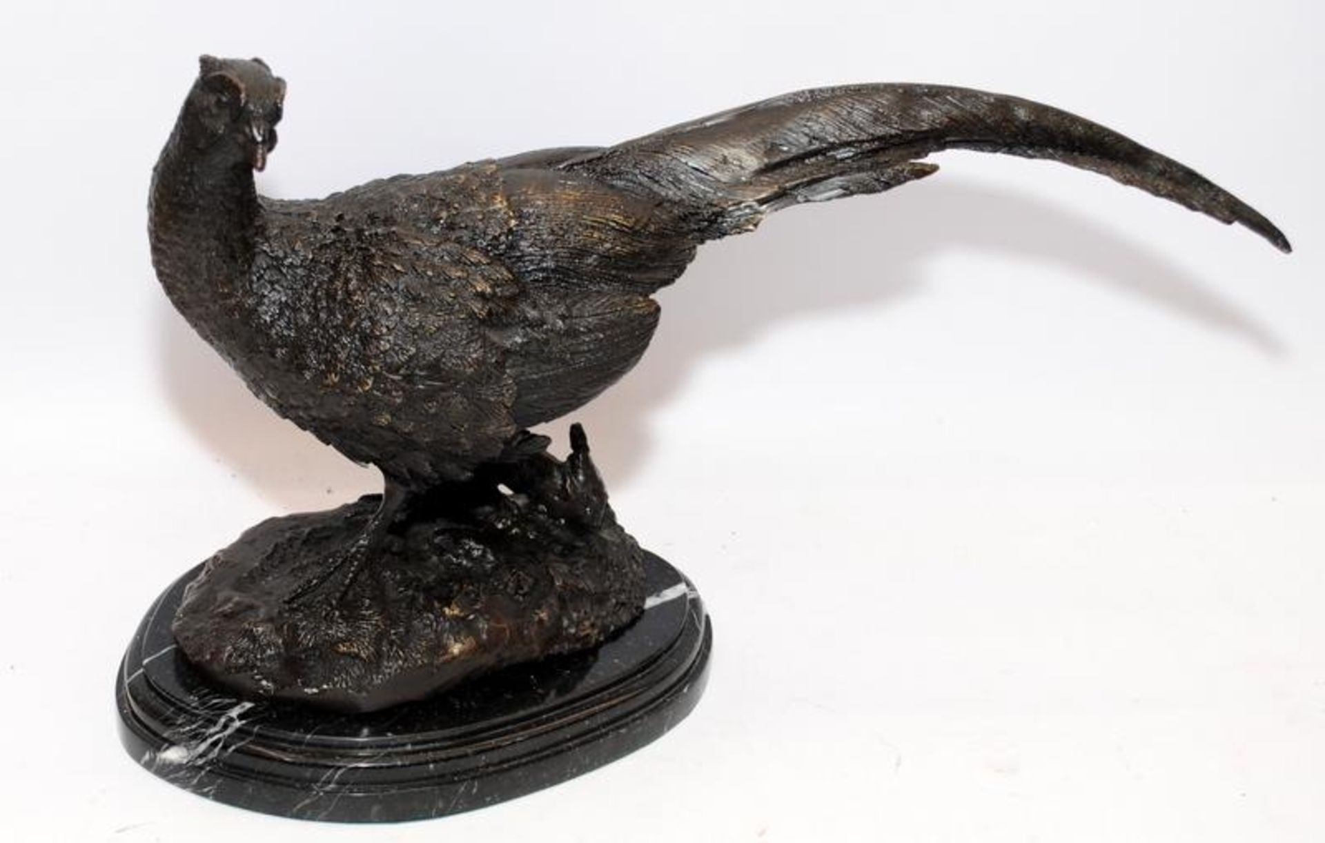 Large bronze pheasant on a marble base. Signed Julie Moisniez. O/all length approx 40cms