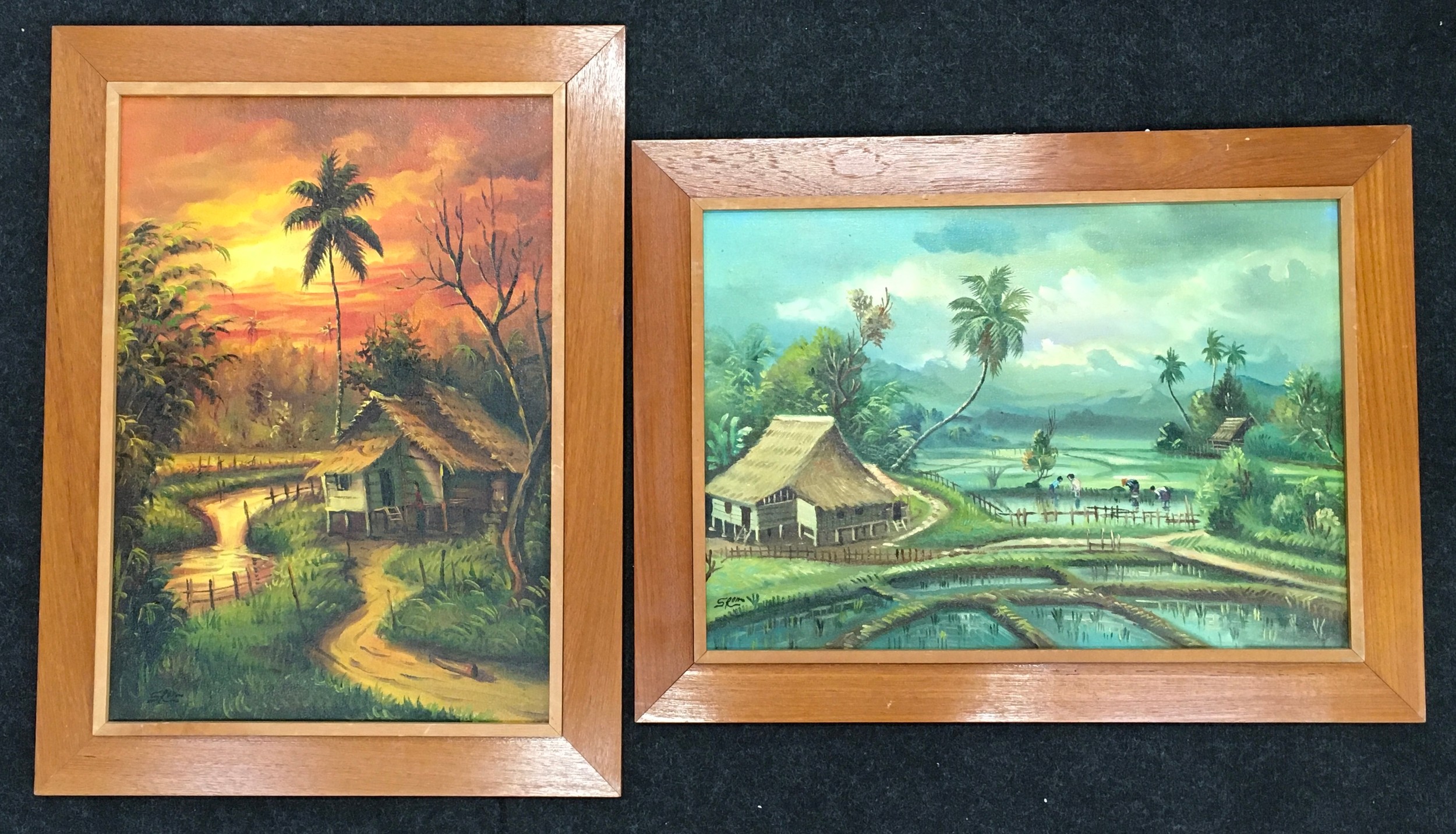 Two mid 20th century Singapore oil on canvas paintings in teak wood frames signed S. Rowe. Each