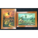 Two mid 20th century Singapore oil on canvas paintings in teak wood frames signed S. Rowe. Each