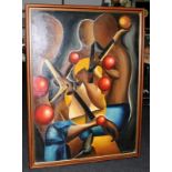 Large framed abstract oil on canvas featuring violins, Signed Zara Gaze 1994. O/all size 131cms x