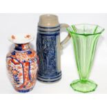 Art deco green glass flared trumpet vase c/w a vintage salt glaze tankard and an Imari vase with