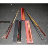 5 cased snooker cues, 3 x 2 piece and 2 x 1 piece including a hand spliced example