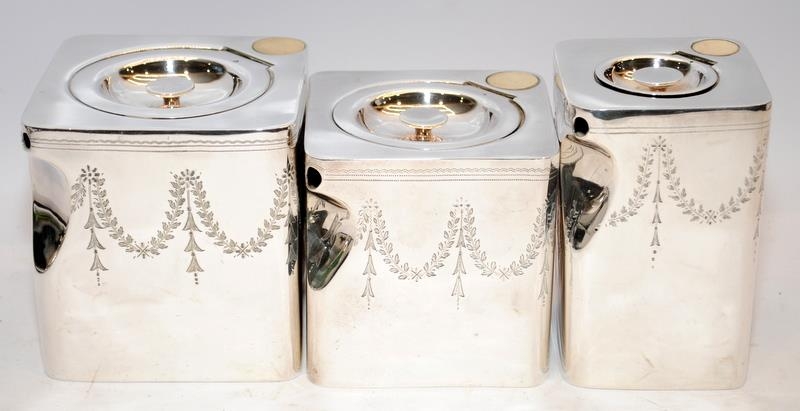 Unusual silver plated three piece tea, coffee and hot water set in square form with wicker handles - Image 3 of 4