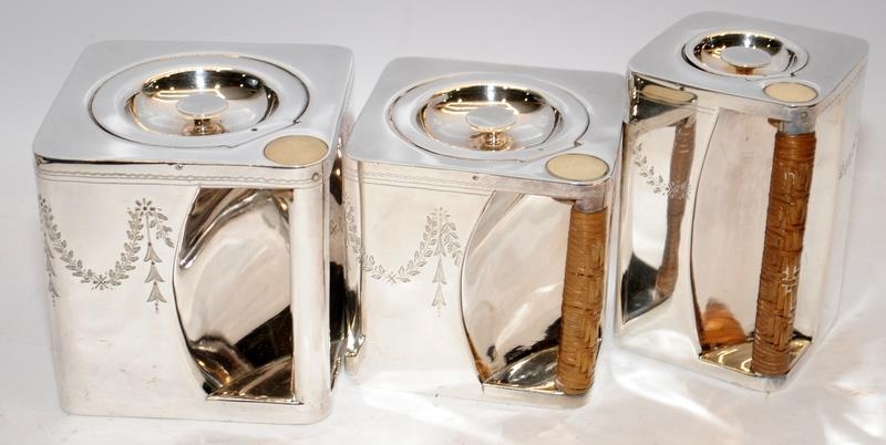 Unusual silver plated three piece tea, coffee and hot water set in square form with wicker handles - Image 4 of 4