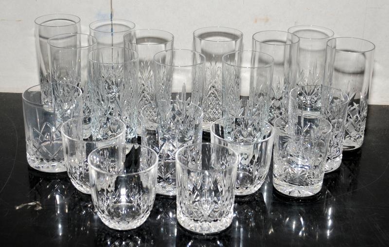 Large collection of cut glass lead crystal hi-ball glasses and tumblers. 19 in lot, the tallest