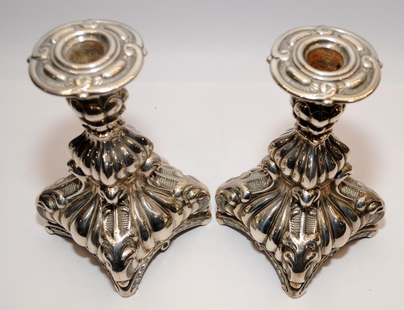 Pair of ornate squat .925 silver candlesticks by Danish silversmiths Monster Beskyttet. 19cms tall - Image 2 of 4