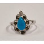 A turquoise 925 silver marcasite pear drop ring Size P