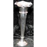 Large sterling silver trumpet vase with flared top, hallmarked for Chester 1905. 26cms tall, 432g (
