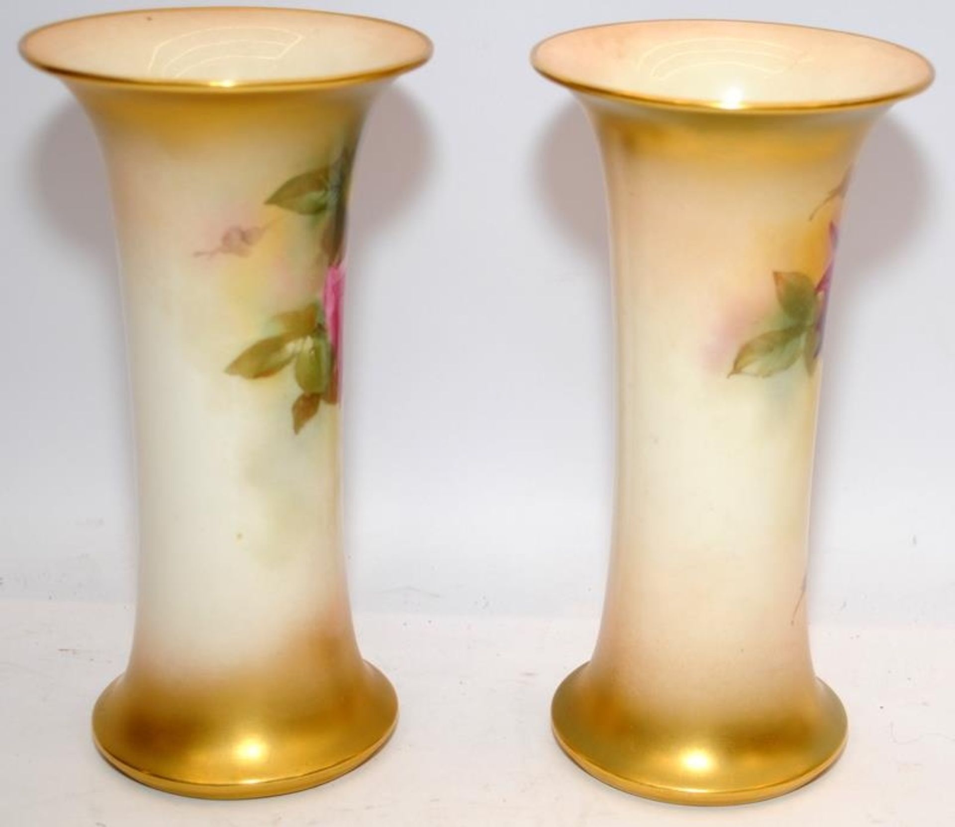 Pair of vintage Royal Worcester flared trumpet vases in blush ivory with gilded accents. Featuring - Image 2 of 7