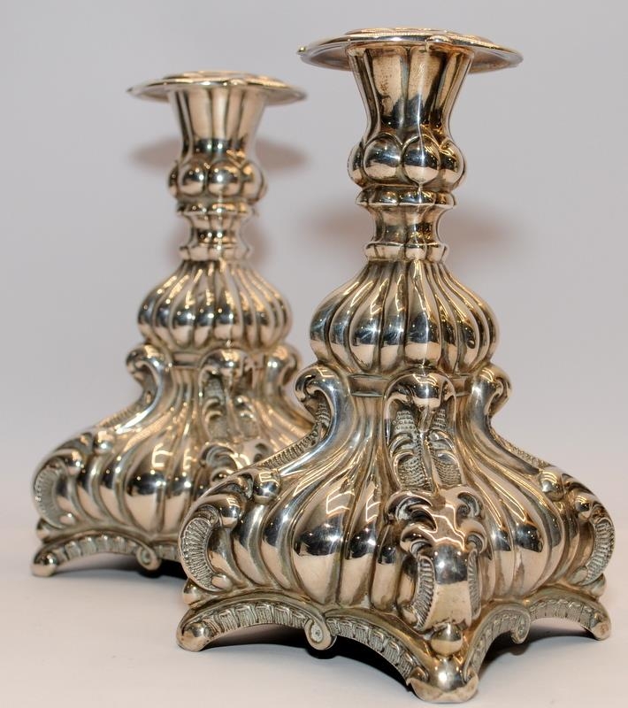 Pair of ornate squat .925 silver candlesticks by Danish silversmiths Monster Beskyttet. 19cms tall - Image 3 of 4