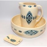 Vintage French pottery washstand jug, bowl and soap dish by Medaillon. Jug 27cms tall