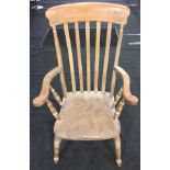 Large pine stick back arm chair. Seat height 45cms, 72cms across arms