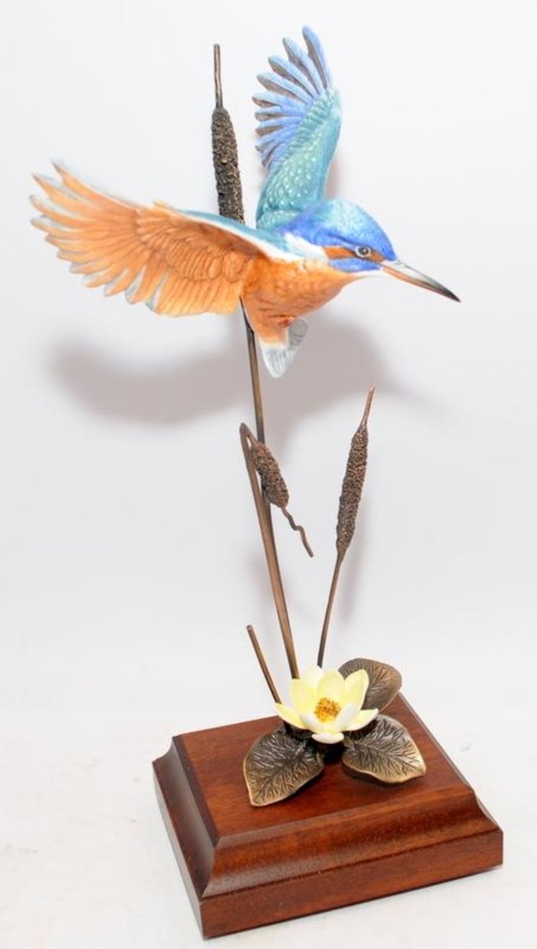 Cold cast bronze figure of a kingfisher amongst bullrushes. Approx 33cms tall including base